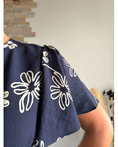 ALINE | Combinaison pantalon fluide bleu marine à motifs