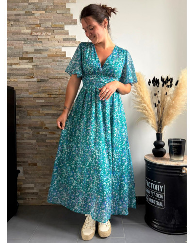 MYRTILLE | Robe longue fleurie verte effet drapé sous la poitrine