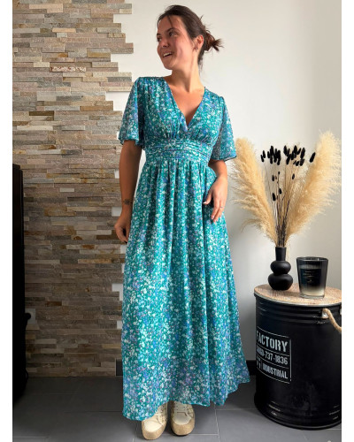 MYRTILLE | Robe longue fleurie verte effet drapé sous la poitrine