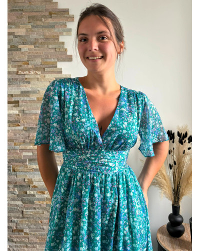 MYRTILLE | Robe longue fleurie verte effet drapé sous la poitrine