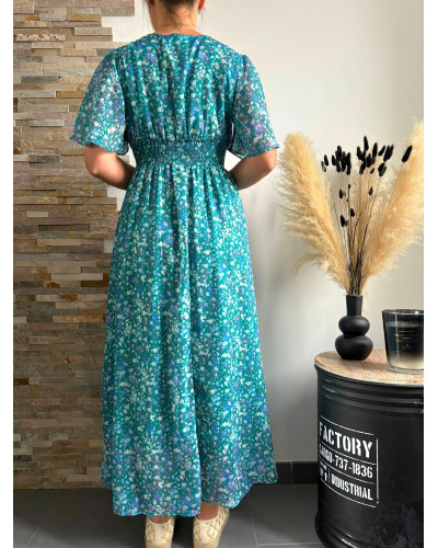 MYRTILLE | Robe longue fleurie verte effet drapé sous la poitrine
