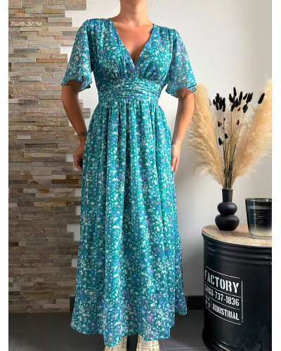 MYRTILLE | Robe longue fleurie verte effet drapé sous la poitrine