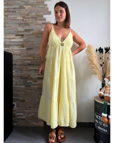 GINETTE | Robe longue jaune gaze de coton à bretelles