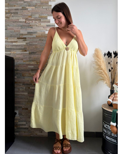 GINETTE | Robe longue jaune gaze de coton à bretelles