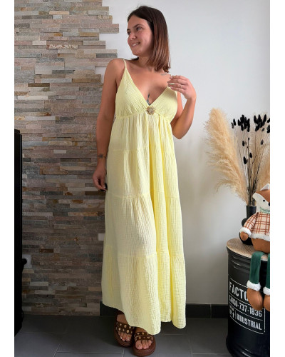 GINETTE | Robe longue jaune gaze de coton à bretelles