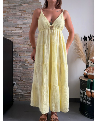 GINETTE | Robe longue jaune gaze de coton à bretelles