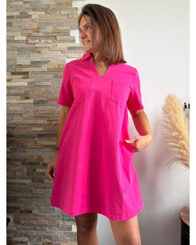 MARIETTE | Robe en jean rose fushia col chemise