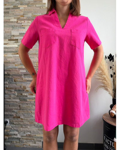 MARIETTE | Robe en jean rose fushia col chemise