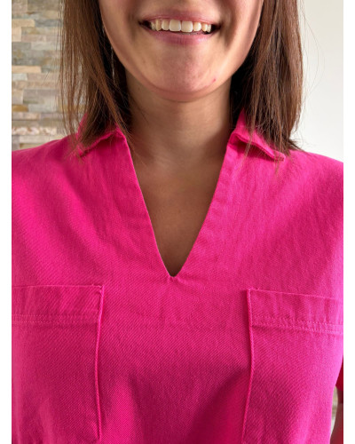 MARIETTE | Robe en jean rose fushia col chemise