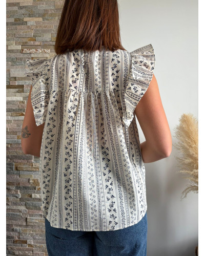 ANNE | Blouse écrue motif bleu volants sur les épaules