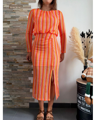 GUISEPPA | Robe longue crochet rose et orange