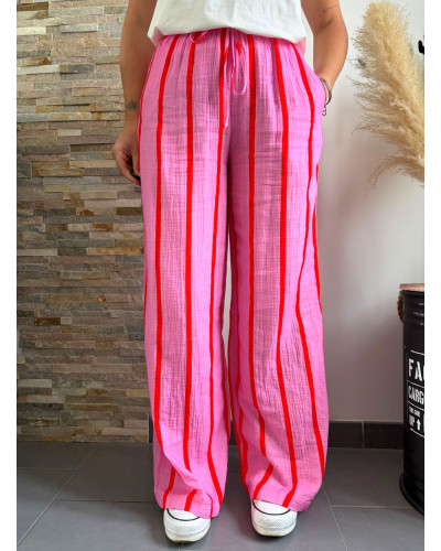 PAVEL | Pantalon en gaze de coton rose rayé rouge