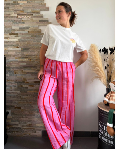 PAVEL | Pantalon en gaze de coton rose rayé rouge