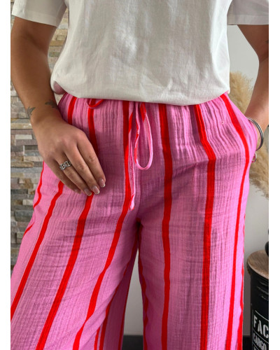 PAVEL | Pantalon en gaze de coton rose rayé rouge