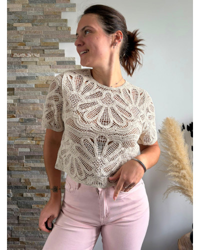 GWENDOLINE | Blouse manche courte en crochet beige