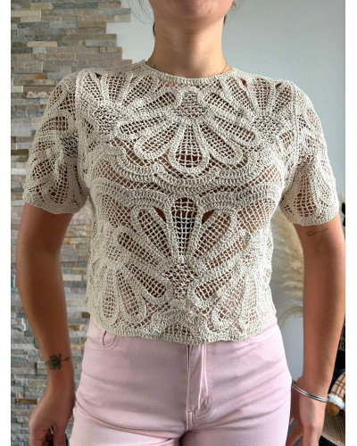 GWENDOLINE | Blouse manche courte en crochet beige