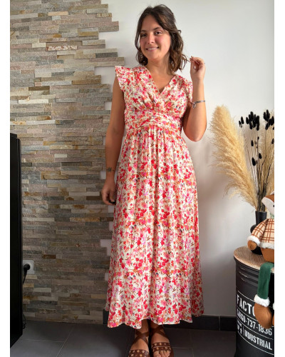 JOCELINE | Robe longue sans manche motif fleuri rose