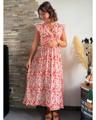 JOCELINE | Robe longue sans manche motif fleuri rose