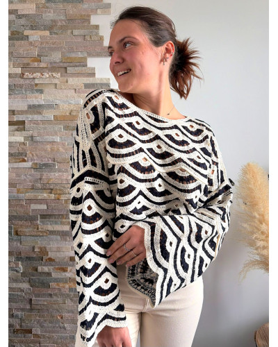 LUCAS | Pull en crochet bleu nuit et écru