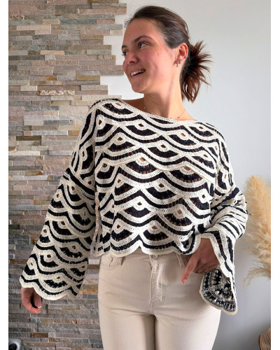 LUCAS | Pull en crochet bleu nuit et écru