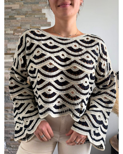 LUCAS | Pull en crochet bleu nuit et écru