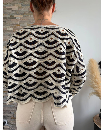 LUCAS | Pull en crochet bleu nuit et écru