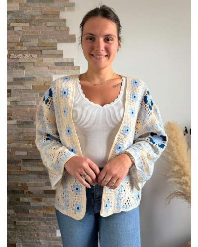 FLORENCE | Veste en macramé écru et bleu