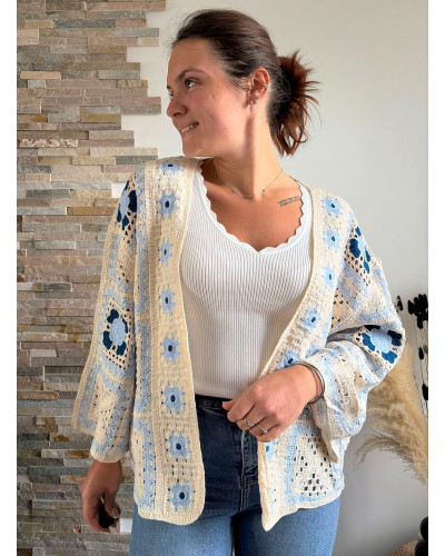 FLORENCE | Veste en macramé écru et bleu