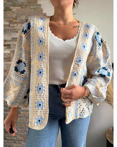 FLORENCE | Veste en macramé écru et bleu