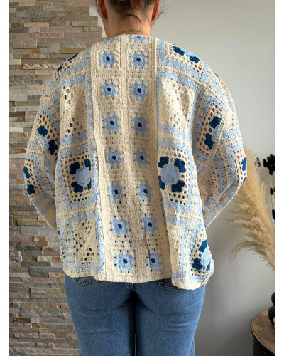 FLORENCE | Veste en macramé écru et bleu