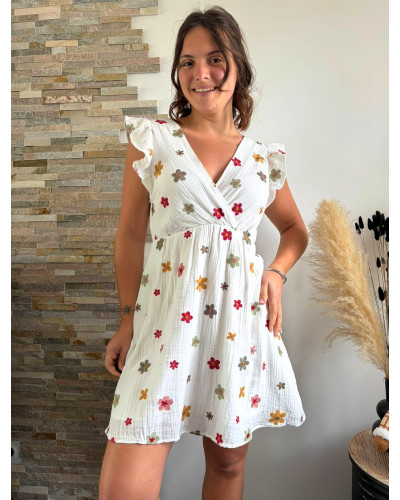 ROSE | Robe blanche en gaze de coton fleurs brodées