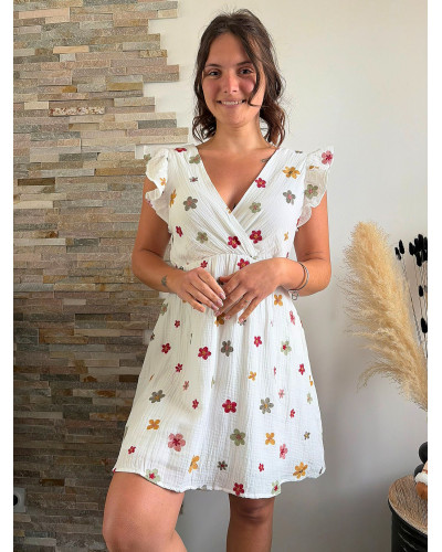 ROSE | Robe blanche en gaze de coton fleurs brodées