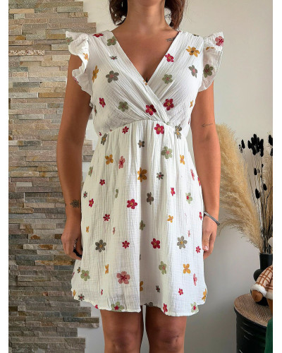ROSE | Robe blanche en gaze de coton fleurs brodées