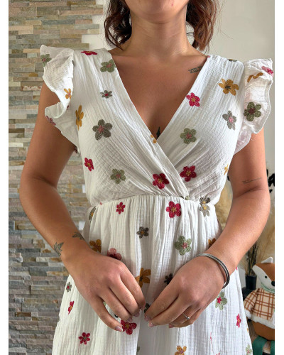 ROSE | Robe blanche en gaze de coton fleurs brodées