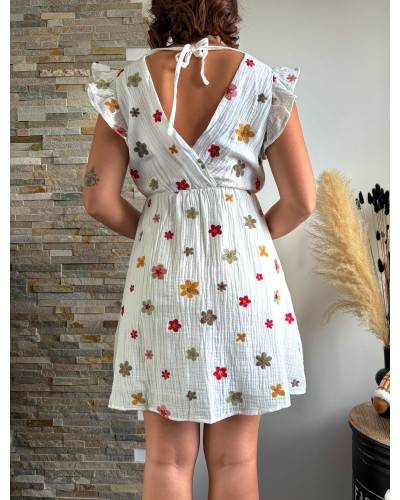 ROSE | Robe blanche en gaze de coton fleurs brodées