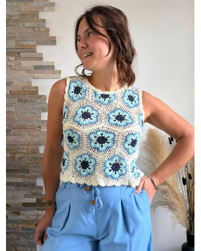 MAEL | Top en crochet écru et bleu marine