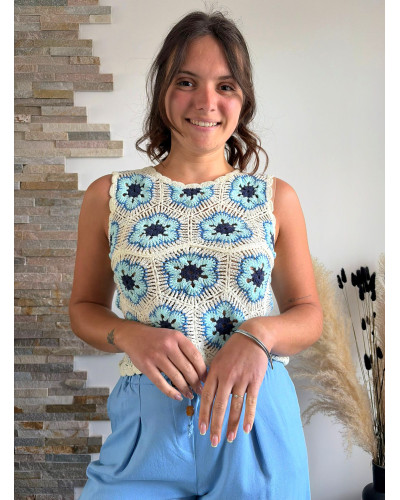 MAEL | Top en crochet écru et bleu marine