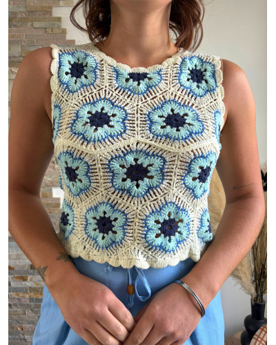 MAEL | Top en crochet écru et bleu marine