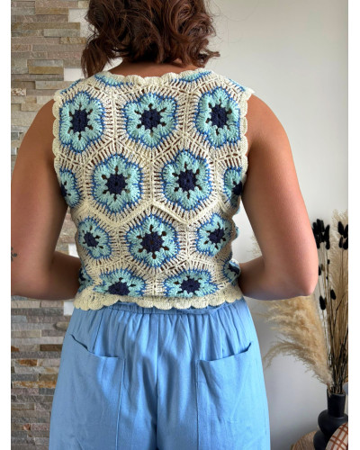 MAEL | Top en crochet écru et bleu marine
