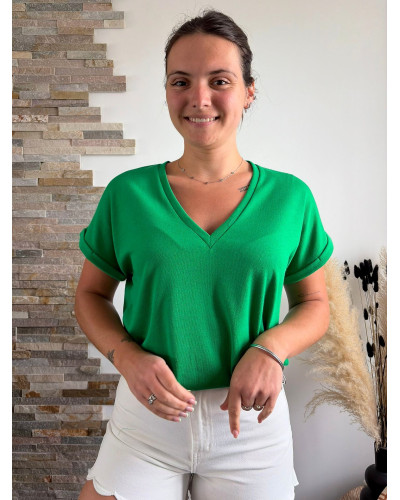 RUBEN | Tee-shirt vert col v légèrement irisé