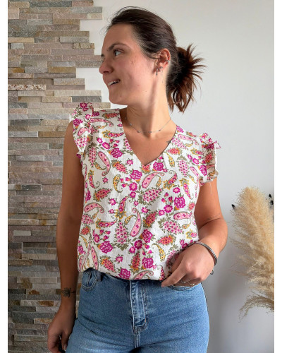 GARANCE | Blouse fluide motif rose et kaki volants sur les épaules