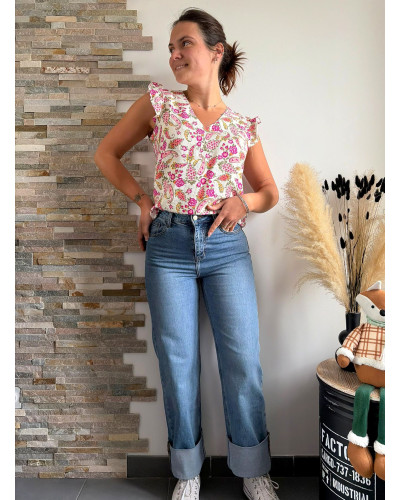 GARANCE | Blouse fluide motif rose et kaki volants sur les épaules