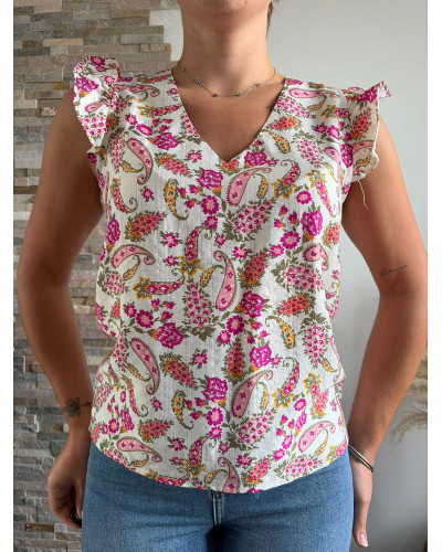 GARANCE | Blouse fluide motif rose et kaki volants sur les épaules