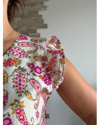 GARANCE | Blouse fluide motif rose et kaki volants sur les épaules