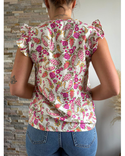 GARANCE | Blouse fluide motif rose et kaki volants sur les épaules