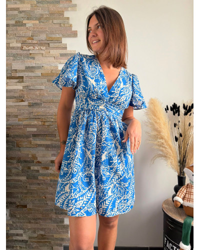 AGNES | Robe fluide bleu roi motif blanc