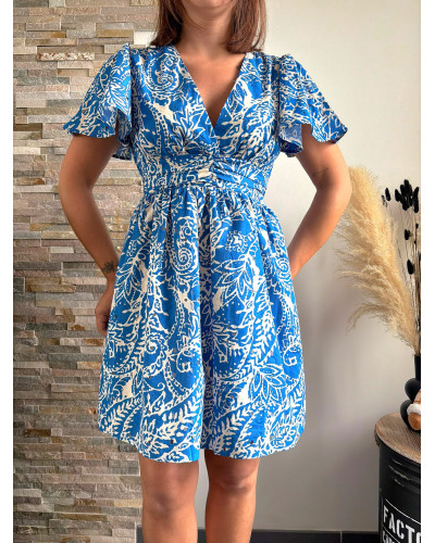 AGNES | Robe fluide bleu roi motif blanc