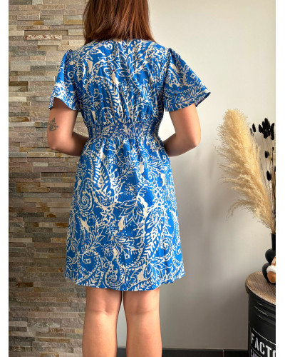 AGNES | Robe fluide bleu roi motif blanc