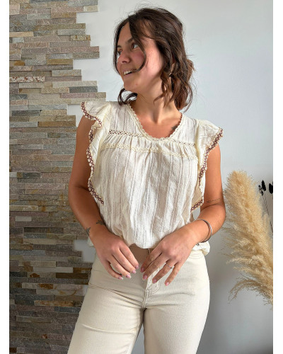 MANELLE | Blouse écrue volants et couture marron