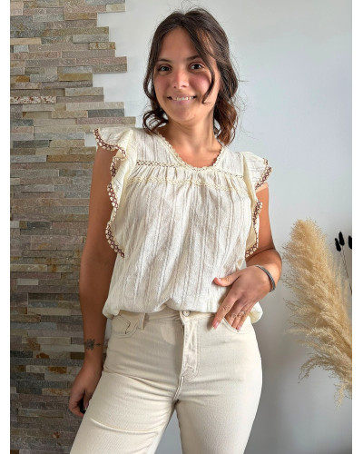 MANELLE | Blouse écrue volants et couture marron